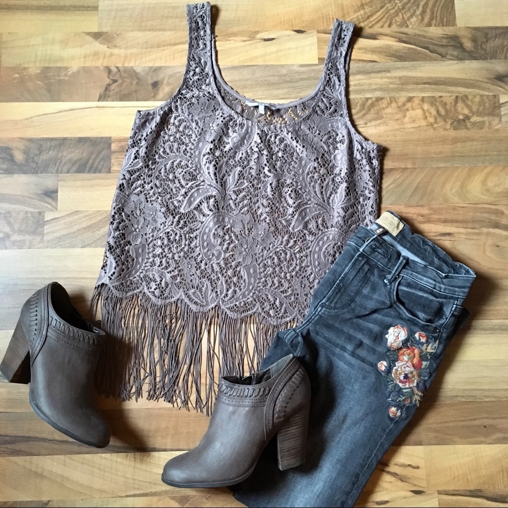 BKE Lace Tank with Long Fringe Taupe Sheer Boho M